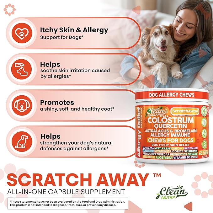 Dog Allergy Chews and Itchy Skin Relief for Dogs | Colostrum Quercetin Astragalus Bromelain | Immune Anti Itch Coat Supplement Aller Ichting Bites Treatment Paw Allergies + Echinacea Nettle Omega 3