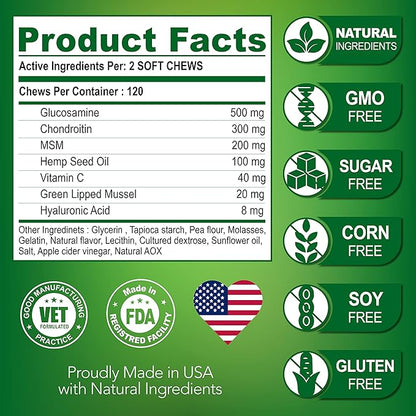 Glucosamine for Dogs - Hip and Joint Supplement for Dogs - Glucosamine Chondroitin - Joint Pain Relief Pills - MSM - Advanced Health Support Supplement - 120 Mobility Chews - Made in USA