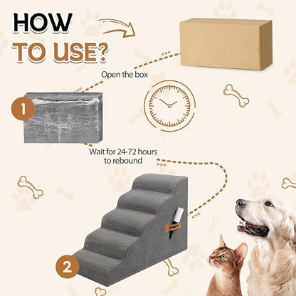 Romrol Dog Stairs Ramp for Small Dogs, Pet Stairs Steps with Durable Non-Slip Waterproof Fabric Cover, Dog Slope Stairs to Bed for Small Dogs and Cats or Pets Joints, 5-Steps, Grey