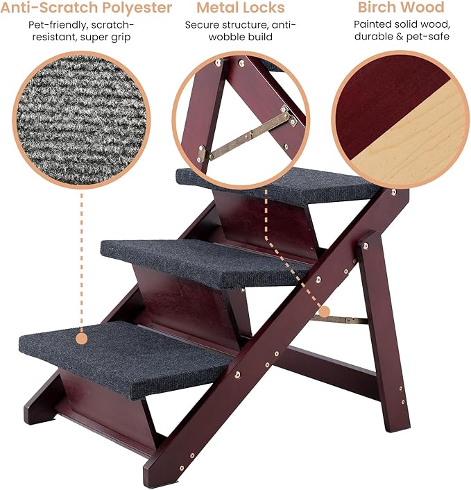 MEWANG Wooden Pet Stairs/Pet Steps - 3-in-1 Foldable Stairs & Ramp for Beds and Cars - Portable Dog/Cat Ladder Up to 220 Pounds - Great for Small and Older Animals(Brown) (24.8" L x 17.2" W x 19.5" H)
