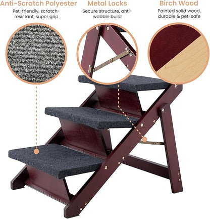 MEWANG Wooden Pet Stairs/Pet Steps - 3-in-1 Foldable Stairs & Ramp for Beds and Cars - Portable Dog/Cat Ladder Up to 220 Pounds - Great for Small and Older Animals(Brown) (24.8" L x 17.2" W x 19.5" H)