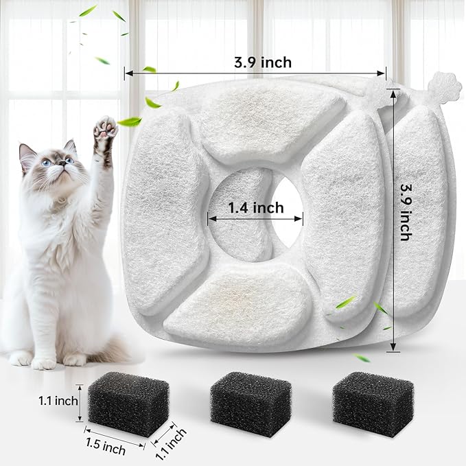32 Pcs Cat Water Fountain Replacement Filters-16 Pack Cat Fountain Filters with 16 Pack Sponges, Enhanced Compatibility Pet Fountain Filter Fit for 95oz/2.8L 135oz/4L 67oz/2L Pet Drinking Fountain