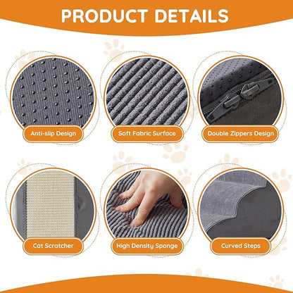 Pet Stairs, Dog Stairs for Small Dogs, Dogs Steps, 3-Step Curved Dog Ramp for Bed, Couch, Sofa, Car and Chairs, Non-Slip Bottom Design, Cat Scratching Board, High Density Foam Portable Pet Step, Grey