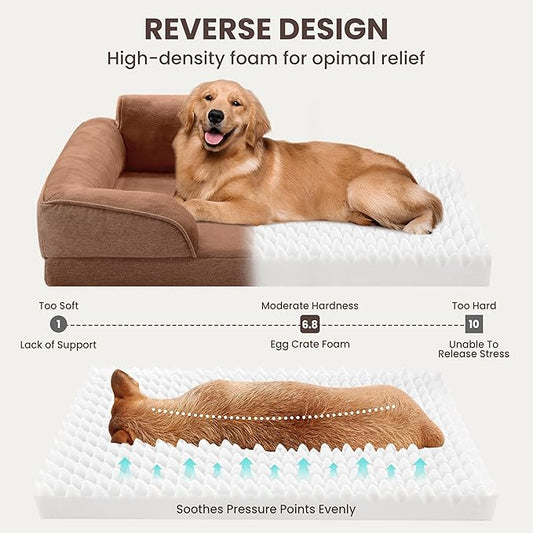 XL Orthopedic Dog Beds for Large Dogs, Waterproof Egg-Crate Foam Pet Couch Bed with Soft Sides, Non-Slip Dog Sofa with Flannel Removable Washable Cover, 42" L Supportive Pet Sofa, Brown