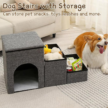 Fhiny Dog Stairs with Storage, 3-Steps Foldable Pet Stairs for Small Dogs Non-Slip Puppy Steps with Condo for High Bed & Couch Dog Ramp for Old Dogs and Cats, Holding up to 160 lbs Pets (Grey)