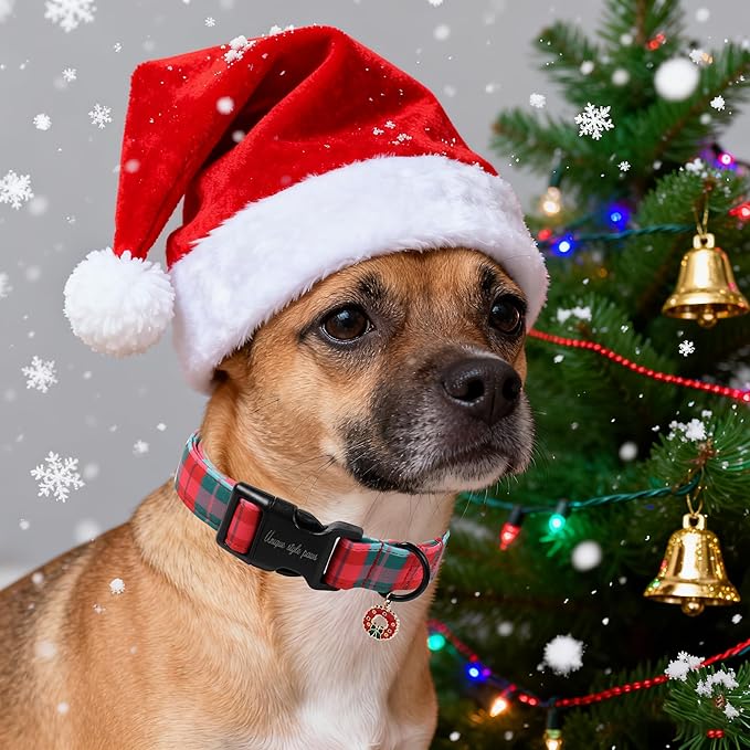 Unique Style Paws Christmas Dog Collar Plastic Buckle with Pendant Red Green Grid Cotton Puppy Collars for Small Medium Large Dogs