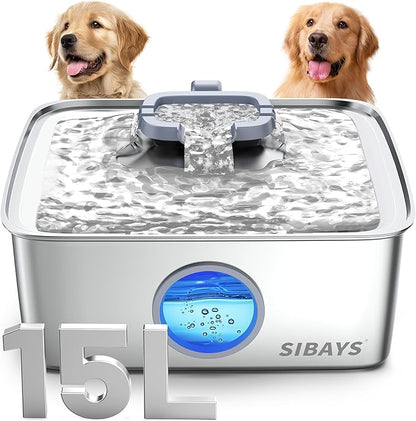 SIBAYS 4Gal/15L Dog Water Fountain, Stainless Steel Large Capacity Pet Water Fountain with Water Level LED Light, Automatic Quiet Dog Water Bowl Dispenser for Large Dogs & Multi-Pet Easy to Clean FS79