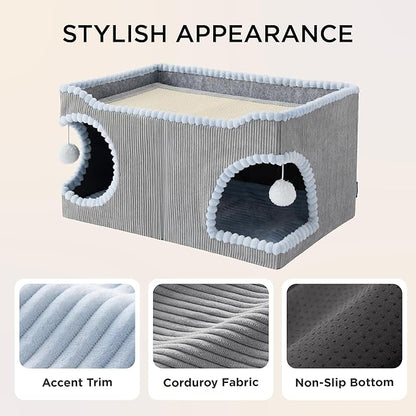 Bedsure Large Cat Beds for Indoor Cats - Extra Wide Cat House with Scratch Removable Top Sisal Pad for Multi Cats, Foldable Cave Hideaway for Entertainment, 23.6x15.9x12.6inches, Grey
