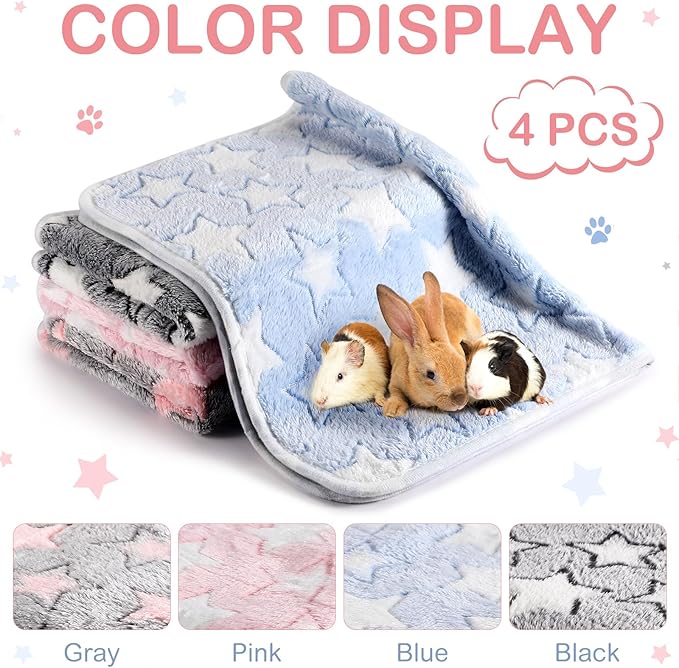 Reginary 4 Pcs Waterproof Guinea Pig Blankets Washable Small Animal Fleece Bedding Guinea Pig Cage Liners Reusable Training Pads Pet Pee Pad Sleep Mat for Hamster(Cute Star Pattern,28 x 56 Inch)