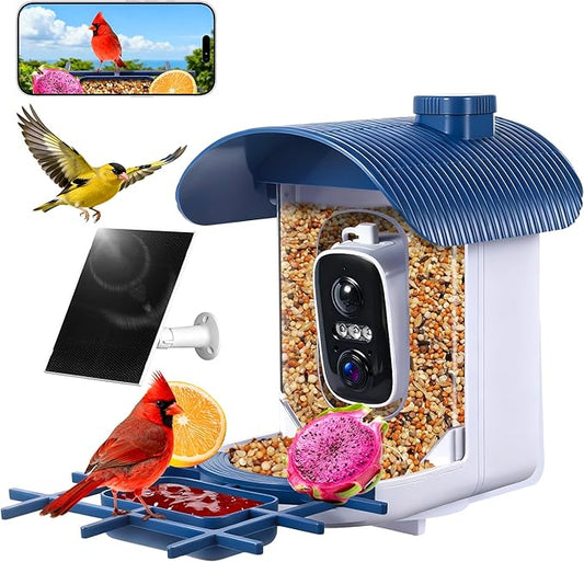Smart Bird Feeder with Camera Solar Powered : 2K HD Live Video, AI Bi rd Identification ＆ Instant Alerts, 2.4GHz WiFi Solar Camera Bird Feeders for Outdoors - Ideal Gifts for Mom Dad Birdlovers