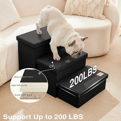 Love's cabin Dog Stairs with Storage,3 Steps Wider Dog Steps for High Bed 18" H,Foldable Pet Stairs for Small Medium Large Dogs Cats for Bed Couch Car,Ramp with Zip up to 200 lbs,Black,No Condo