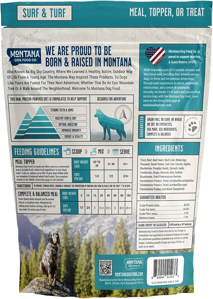 MONTANA DOG FOOD CO. Freeze-Dried Raw Surf & Turf Recipe Dog Food – Grain-Free, High-Protein Meal or Topper, Made in USA with USA Ingredients -16 oz Bag