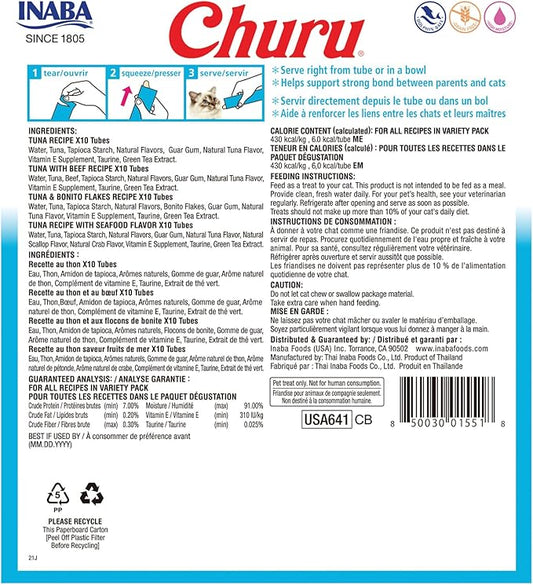 INABA Churu Cat Treats, Grain-Free, Lickable, Squeezable Creamy Purée Cat Treat/Topper with Vitamin E & Taurine, 0.5 Ounces Each Tube, 40 Tubes, Tuna Variety Box