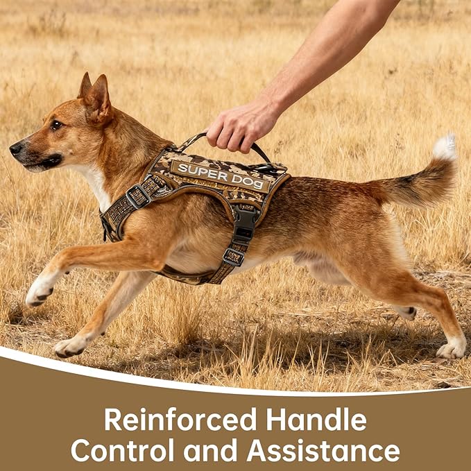 Tactical Dog Harness, No Pull Adjustable Harnesses for Small Medium Large Dogs with Handle & Molle, Camouflage Reflective Dog Vest Harness Brown