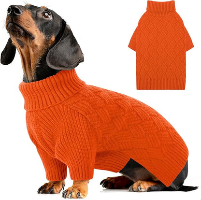 AOFITEE Small Dog Sweater, Dog Sweaters for Small Dogs Male, Thick Dogs Winter Sweatshirt Girl Boy, Pet Halloween Sweater, Classic Cable Turtleneck Holiday Knitwear for Pug Dachshund (Orange, S)