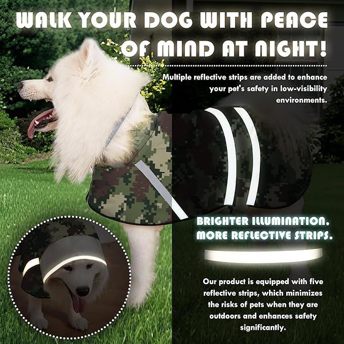 Dog Raincoat, Adjustable Rain Jacket with Hooded Double Layer for Large Medium Small Dogs Puppies, Lightweight Waterproof Rain Coat Poncho with Reflective Stripe Mosaic Camouflage Green,M