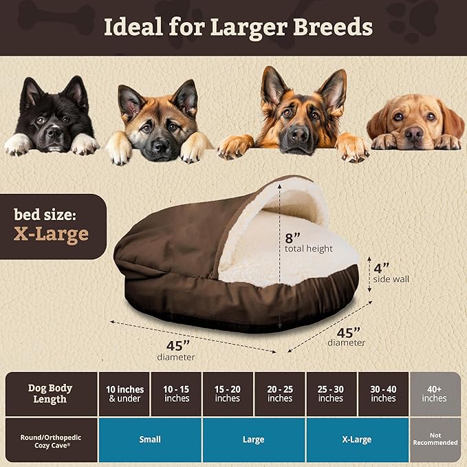 Snoozer Luxury Cozy Cave Dog Bed - Indoor Dog Bed with Cover Cave, Covered Calming Burrow for Medium & Large Sized Pets with Blanket Attached, Enclosed, Washable - XL, Hot Fudge