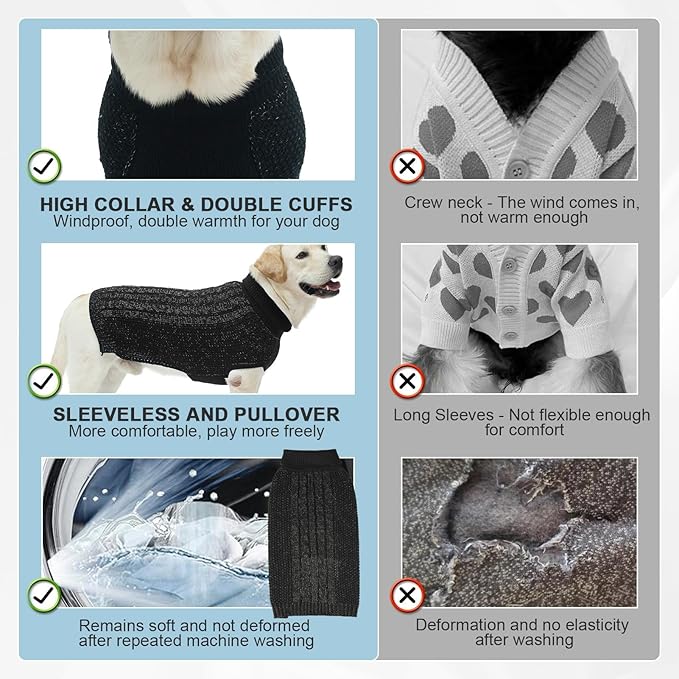 XXS Dog Sweater, Classic Cable Knit Warm Dog Sweatshirt with Reflective Yarn for Girl Boy, Halloween Fall Winter Coat Turtleneck Pullover Clothes Apparel for Small Medium Large Dogs (Black XXS)