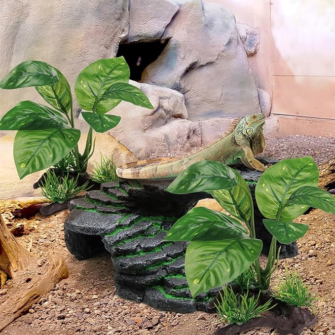 Moonorange Reptile Artificial Plants, Terrarium Plants Decorations Supplies, Aquarium Fish Tank Plant, Amphibian Habitat Hideout Tank Accessories (M Set-4pcs/F)