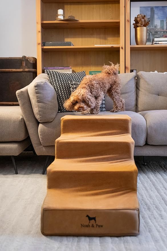 Noah & Paw Dog Stairs, Dog Ramp for Bed (17" Extra Wide) Pet Stairs for High Bed, Design to Fit Small and Large Breeds, Durable 4 Pet Steps for Couch (35 Foam Density) Leather Collection