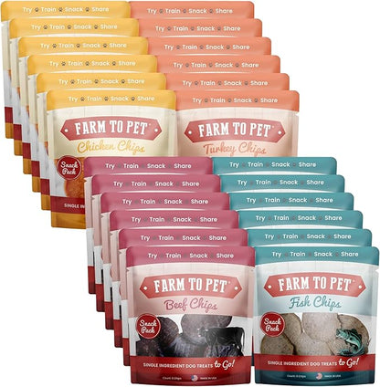 Farm To Pet - Dog Training Treats Sampler - Chicken, Beef, Turkey & Fish Chips - 24-Variety Flavor Pack, Single Ingredient, All Natural, Lean, Healthy Snacks for Small, Medium, Large Breeds & Puppies