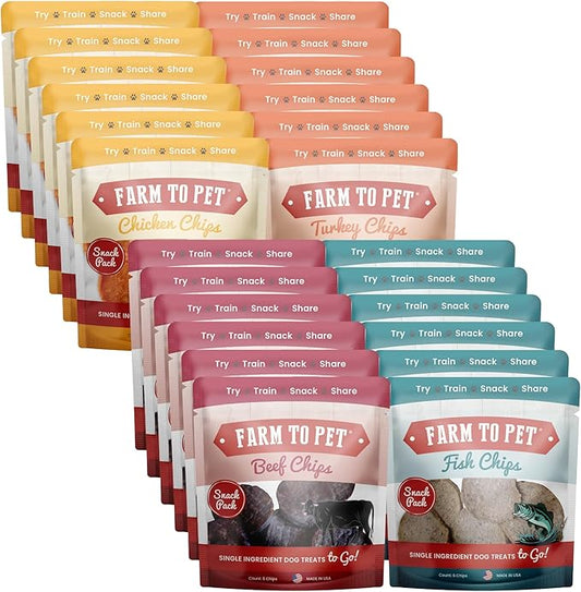 Farm To Pet - Dog Training Treats Sampler - Chicken, Beef, Turkey & Fish Chips - 24-Variety Flavor Pack, Single Ingredient, All Natural, Lean, Healthy Snacks for Small, Medium, Large Breeds & Puppies