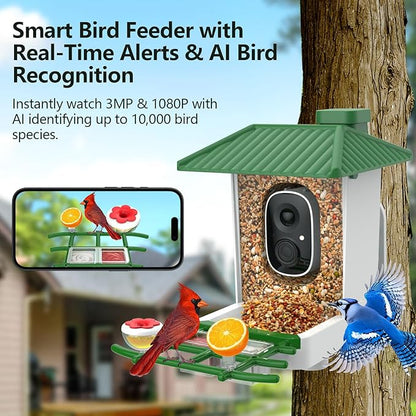 Smart Bird Feeder with Camera Solar Powered, 2K HD WiFi Live View Bird Feeders for Outdoors, AI Birds Recognition & Instant Alerts,Weatherproof Design – Best Gift for BirdLovers & Garden Birdwatching