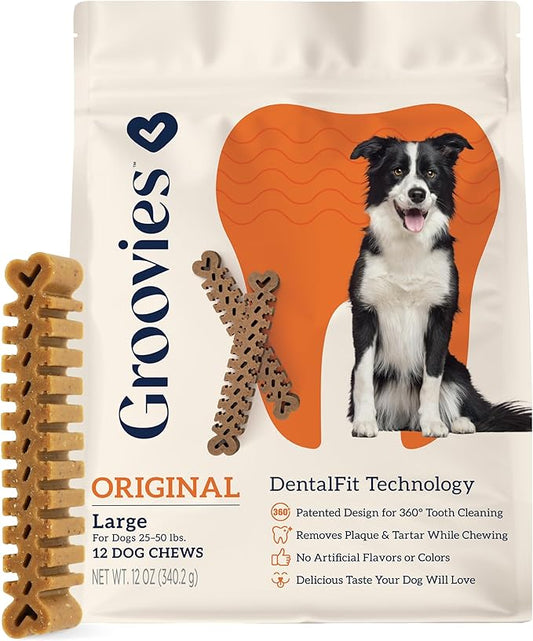 Groovies Flexible, Yet Moderately Tough Daily Dog Dental Chews. Powered by USA-Patented DentalFit Technology. No Added Gluten, No Artificial Flavors or Colors. Original 12oz Large (12Chews)