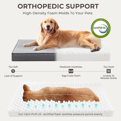 Washable Dog Bed for Medium Large Size Dog, Plush Pillow Pet Bed with Cooling Leather Egg-Crate Foam Base, Waterproof Kennel Bed with Removable Cover, 36" x 27" Comfort Cushion Bed, Dark Grey