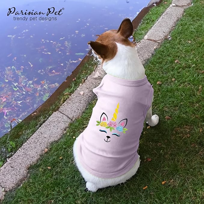 Parisian Pet Dog Tshirt - Embroidered Unicorn Dog Shirt - 100% Cotton, Lightweight Puppy Clothes Female - Sleeveless Pink Dogs Tee Shirts - Shirts for Small Dogs Girl - XS