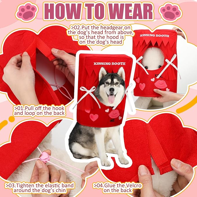 Solsew Valentine Dog Costume Kissing Booth Headpiece for Dog and Cats Cute Pup Kissing Booth Pet Headwear Costume Gift for Holiday Birthday Party(Red,L/XL)