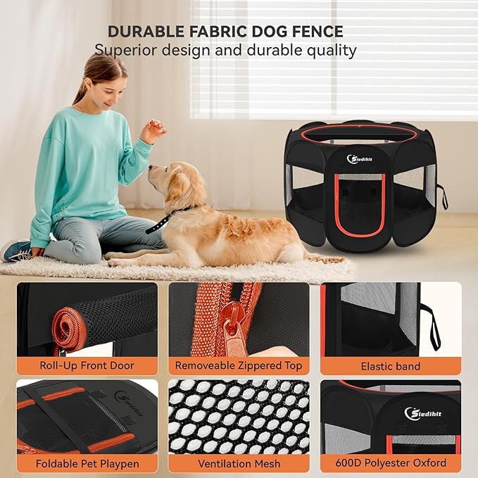 Dog Playpen, Medium Puppy Pet Playpen, Dog Crate Tent Cage Indoor/Outdoor, Portable Pop Up Dogs Kennel Playpen with Carrying Case for Dogs/Cats/Rabbitss, Black