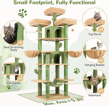 Globlazer Big Cactus Cat Tower for Indoor Cats, 80inch Cat Tower for Multiple Adult Cats XXL Cat Tree with Scratching Post, Hammock, 3 Perches, 2 Condos, 2 Hanging Basket, F80, Green
