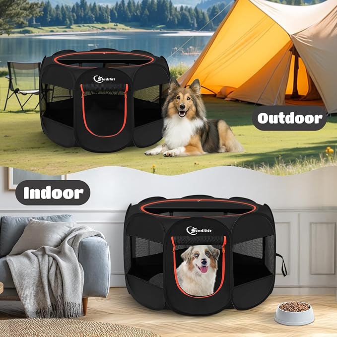 Dog Playpen, Medium Puppy Pet Playpen, Dog Crate Tent Cage Indoor/Outdoor, Portable Pop Up Dogs Kennel Playpen with Carrying Case for Dogs/Cats/Rabbitss, Black