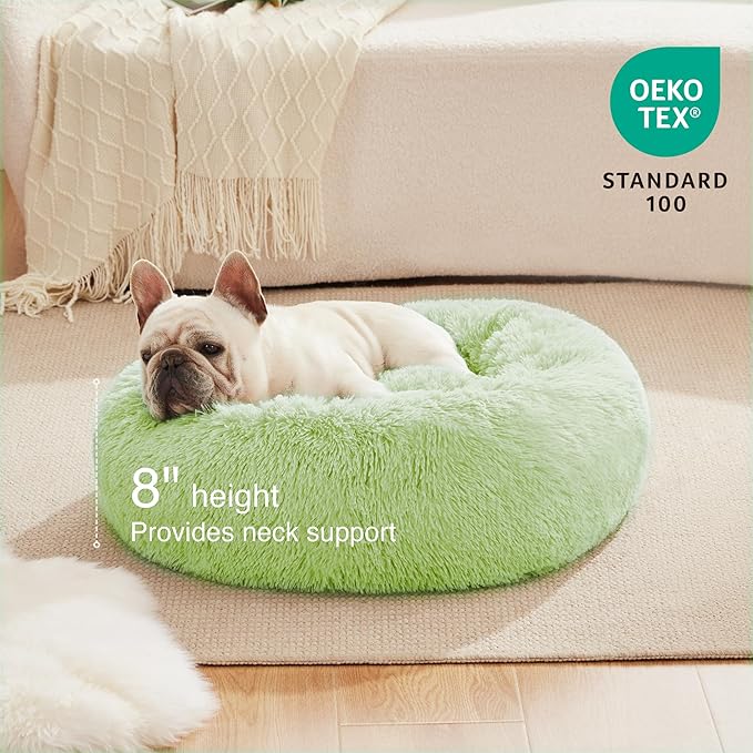 Love's cabin 20in Cat Beds for Indoor Cats - Cat Bed with Machine Washable, Waterproof Bottom - Light Green Fluffy Dog and Pet Calming Cushion Bed for Joint-Relief and Sleep Improvement