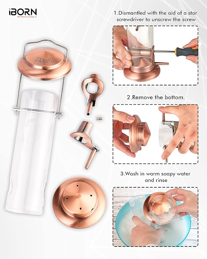 iBorn Metal Bird Feeder Hanging Wild Bird Feeders for Mix Seed Blends Heavy Duty All Metal Finishing, Copper Finish, 8 Inch 2 Port (Seed is not Included)