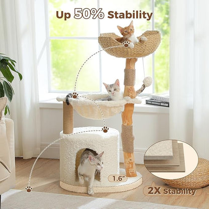 PAWZ Road Modern Cat Tree with Natural Solid Wood Scratching Post, 40 Inches Cat Tower with Spacious Wicker Basket,Large Hammock,Luxury Condo for Indoor Cats