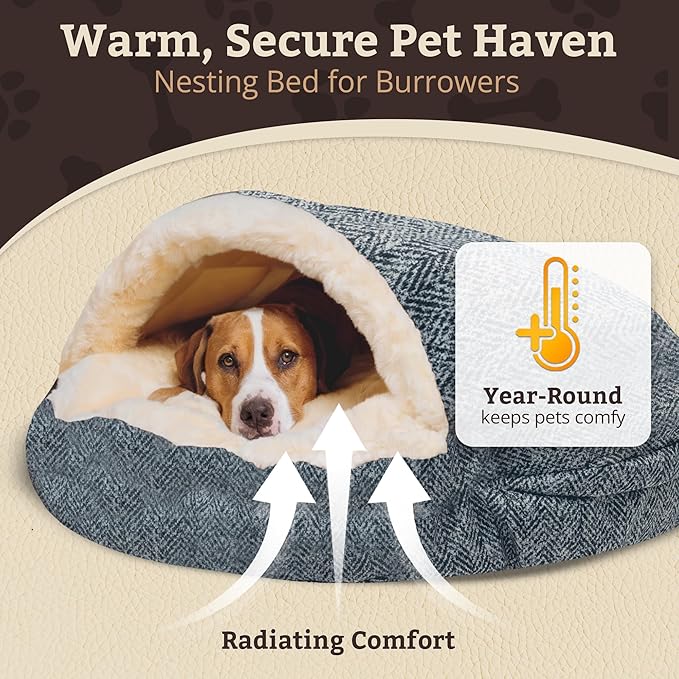 Snoozer Cozy Cave Dog Bed - Indoor Dog Bed with Cover Cave, Covered Calming Burrow for Small Sized Pets with Blanket Attached, Enclosed, Removable Washable Cover - Small, Palmer Indigo