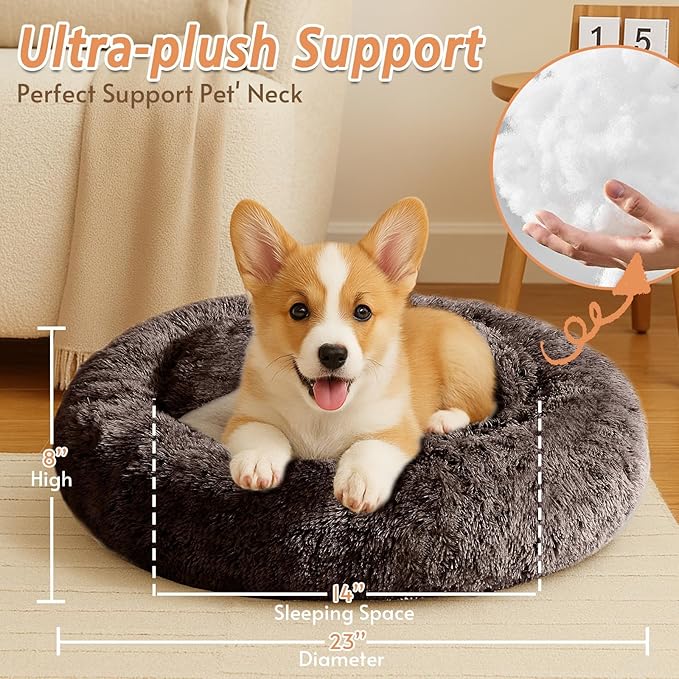 JOLLYVOGUE Small Dog & Cat Beds for Indoor Cats, Donut Cuddler Warming Soft Dog Beds with Anti-Slip Bottom, Round Calming Fluffy Plush Faux Fur Cushion Bed for Small Dogs (23")