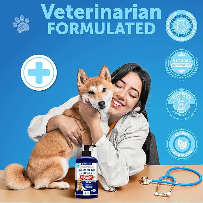 Salmon Oil for Dogs - Omega 3 for Dogs - 16 FL OZ Wild Alaskan Salmon Fish Oil - Natural EPA & DHA Fatty Acids for Skin & Coat, Allergy, Joint & Bone Health - Liquid Support Supplement for Shedding