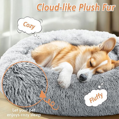 JOLLYVOGUE Calming Dog & Cat Bed for Small Dogs, Anti-Anxiety Donut Cuddler Cozy Soft Round Bed with Anti-Slip Bottom, Fluffy Faux Fur Plush Cushion Beds for Small Dogs, (23", Smoke Gray)