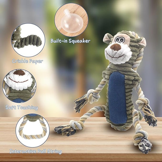 Funny Plush Dog Chew Toys, Squeaky Dog Toys, Interactive Tug of War Puppy Toys, Stuffed Dog Toys for Small, Medium and Large Dogs - Monkey