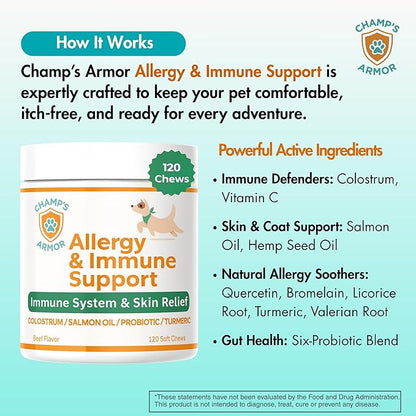 Champ's Armor Allergy & Immune Soft Chews for Dogs. Daily Support for Itchy Skin, Immune Health, Seasonal Allergies. W/Colostrum, Salmon Oil, Probiotics, Quercetin, Turmeric. 120 ct.