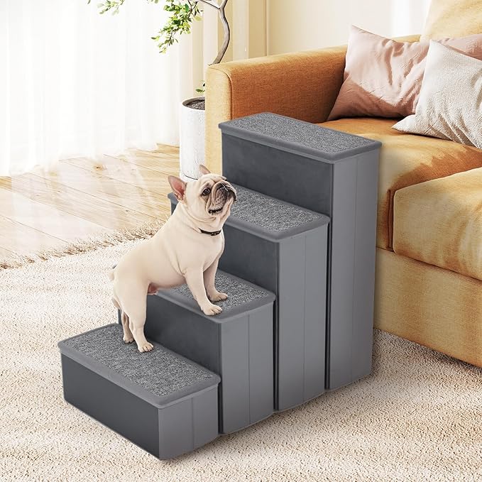 PETSITE 4-Step Dog Stairs, 23 Inch Tall Foldable Pet Stairs for Small and Medium Dogs Cats, with Storage Compartments and Non-Slip Bottom, Adjustable Dog Steps for Bed, Couch, or Sofa