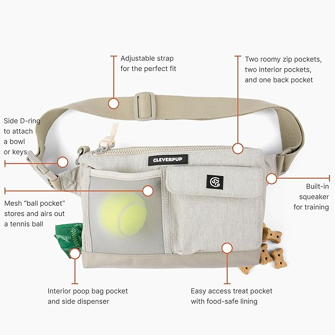 Dog Walk & Train Sling Bag - Hands-Free 2-In-1 Treat Pouch, Poop Bag Holder, Clicker, Phone Pocket - Crossbody/Fanny Pack, Adjustable Strap - Sand