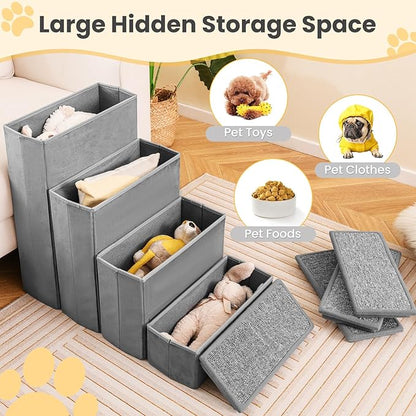 PETSITE 4-Step Dog Stairs, 23 Inch Tall Foldable Pet Stairs for Small and Medium Dogs Cats, with Storage Compartments and Non-Slip Bottom, Adjustable Dog Steps for Bed, Couch, or Sofa