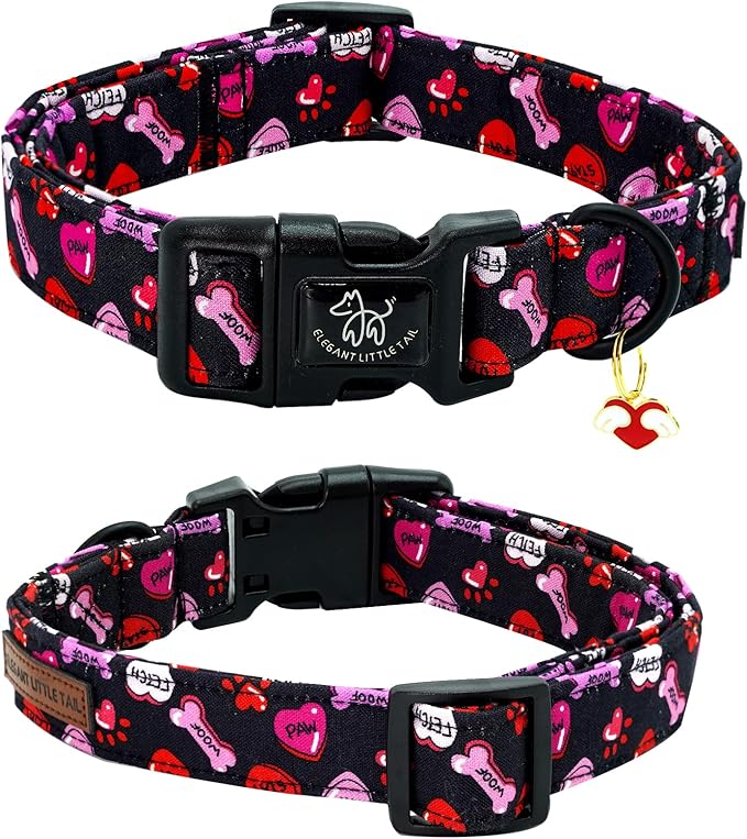 Elegant little tail Valentine's Dog Collar, Red Heart Dog Collars Female or Male Adjustable Cotton Pet Collar with Quick Release Buckle for Small Medium Large Dogs