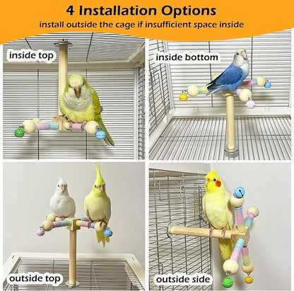 Bird Stand Perch Toy with Bells, Interactive Spinning Parakeet Toys, Wooden Exercise Wheel Parrot Toy, Enrichment Cockatiel Toy for Birds Cage, Bird Cage Accessories Perch Toys for Budgies (S, Bells)