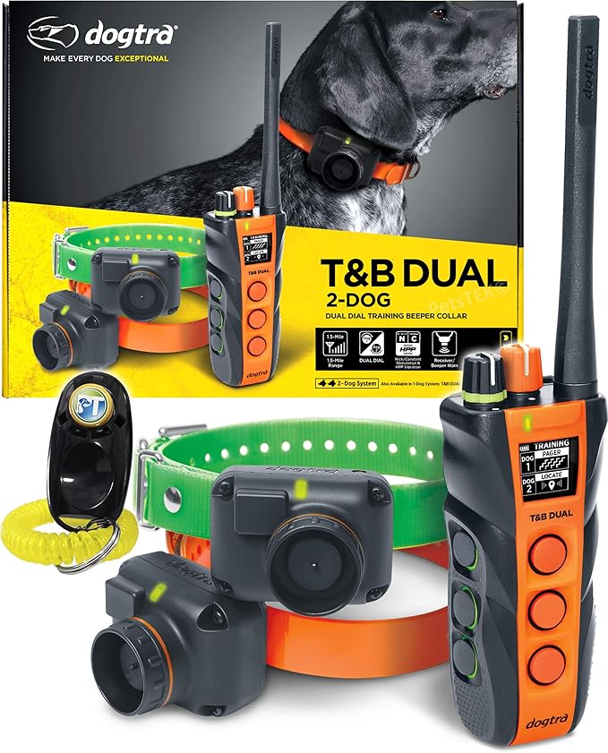 Dogtra T&B Dual Dial 2-Dogs Remote Training and Beeper Collar - 1.5-Mile-Long Range, Sports Upland Hunting, Fully Waterproof, Rechargeable, Static, Locate - Includes PetsTEK Trainer Clicker