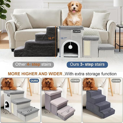 Dog Stairs for Bed Couch Folding with Storage, Dog Stairs for Small Dogs to Get On Bed with Cat Condo, Steps for Large Medium Dogs, Old Cat Pet Stair Steps for High Beds 17.2" H, Pet Ramp Up to 220LBS